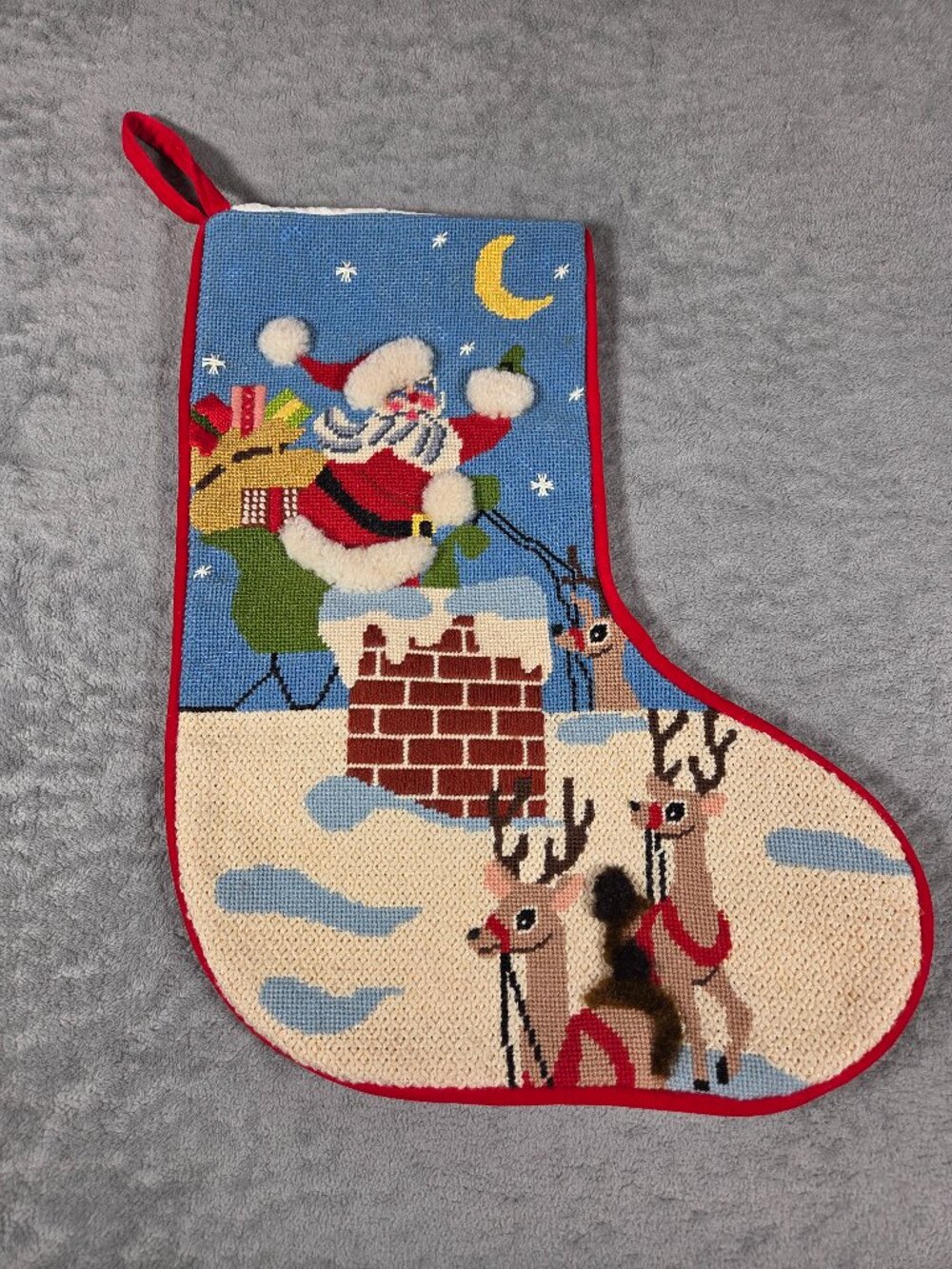 Vintage Needlepoint Christmas Stocking Santa Chimney Reindeer Scene